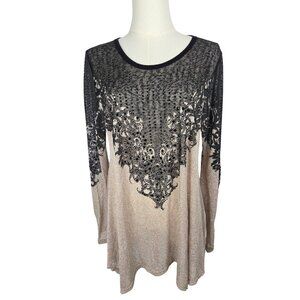 NWT! Vocal Beige Long Sleeve Top Sz Large Black Lace Rhinestone Bling Festival